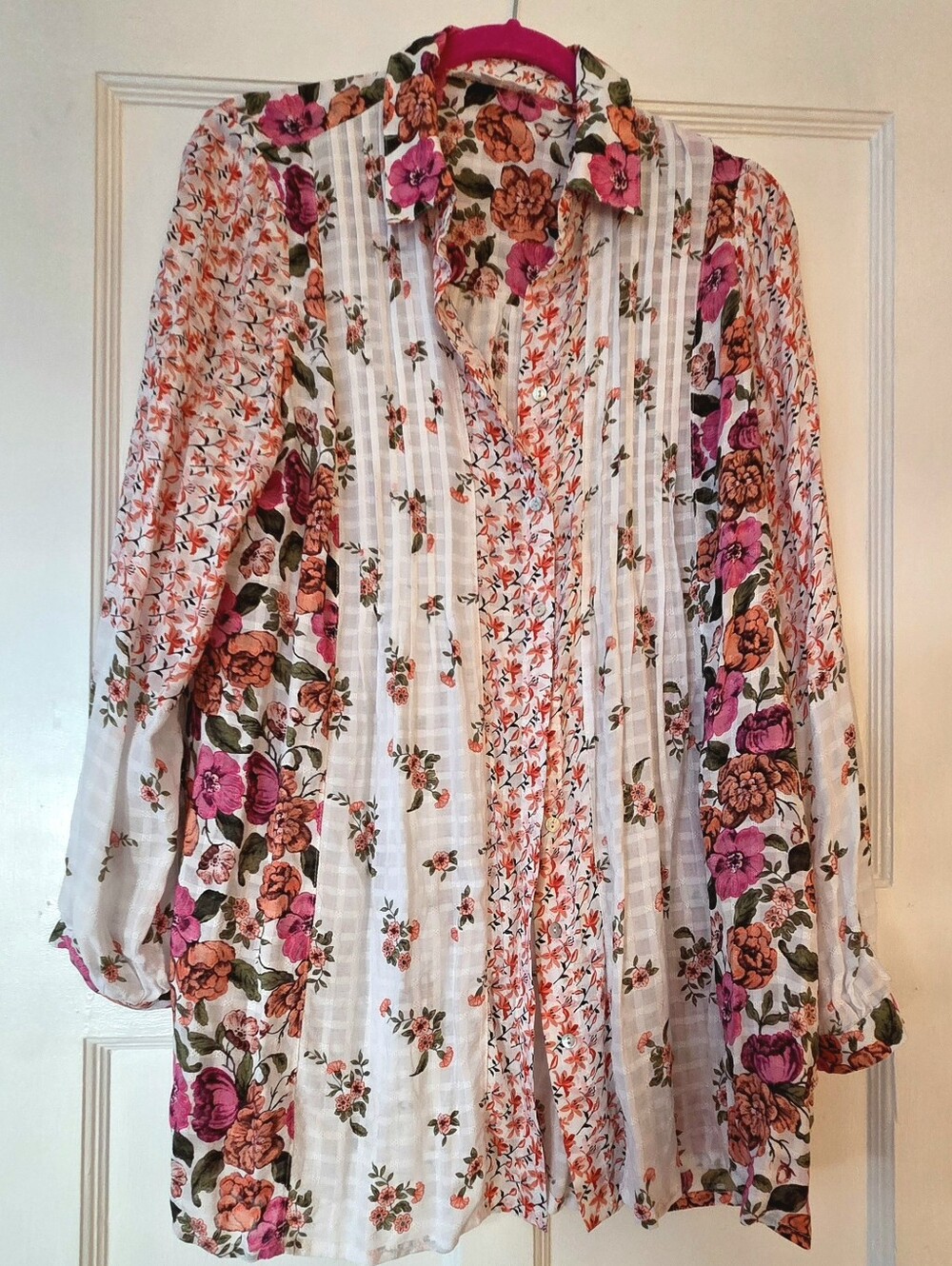 Floral Button-Front Women’s Blouse - Pink & Orange Floral